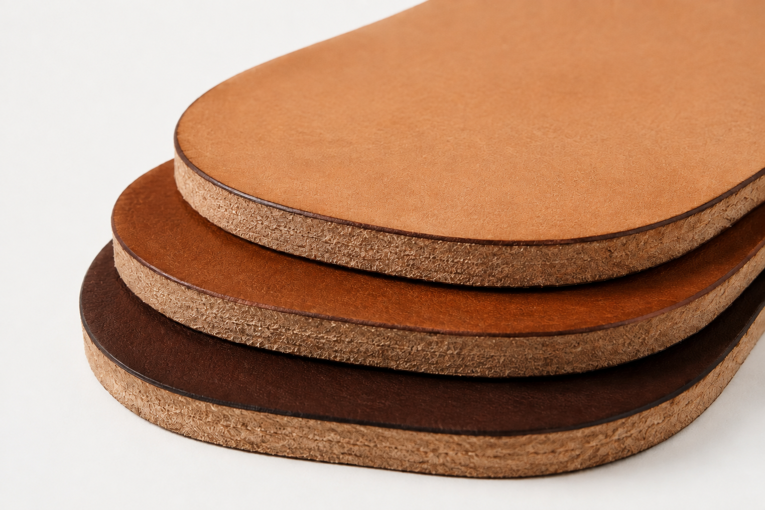 Close-up concept of leather sole material showing natural grain and cut edges