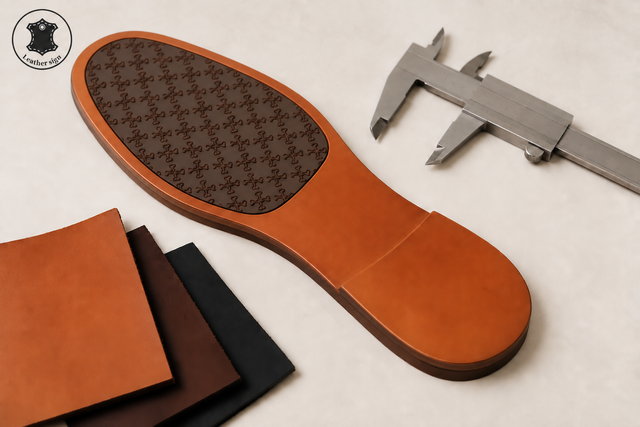 Patterned leather sole sample concept with caliper and color swatches