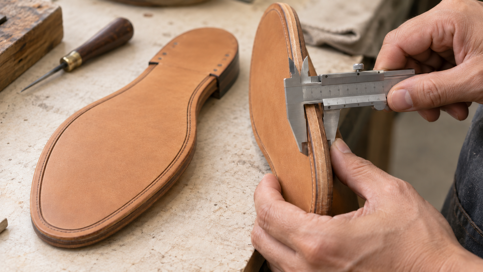 Leather sole thickness inspection and pairing — AI illustration