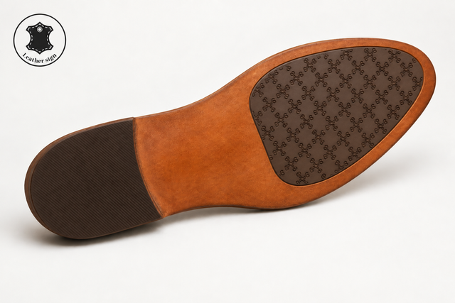 Natural tan leather sole concept with patterned rubber forefoot