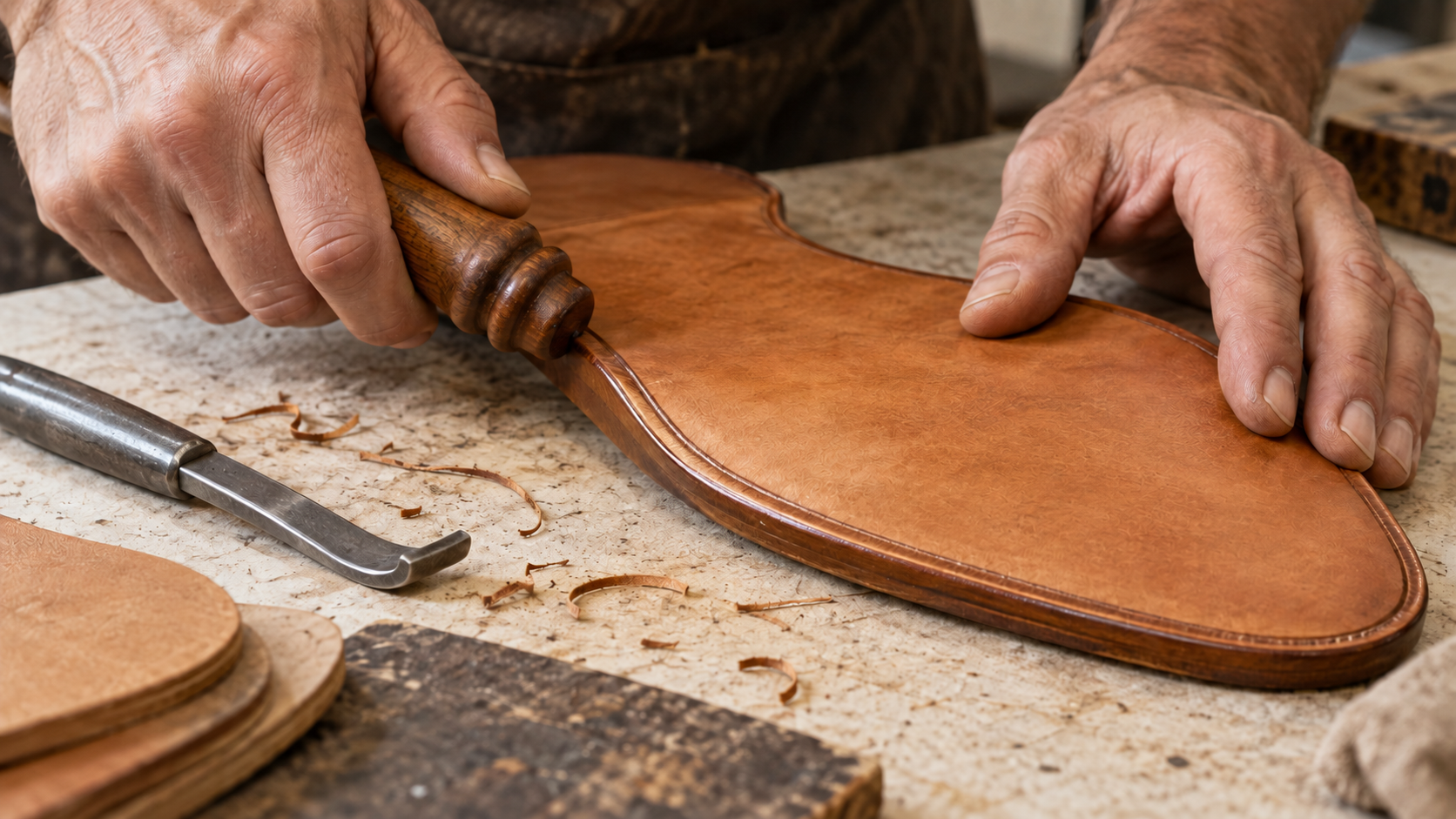 Leather sole shaping and edge finishing — AI illustration
