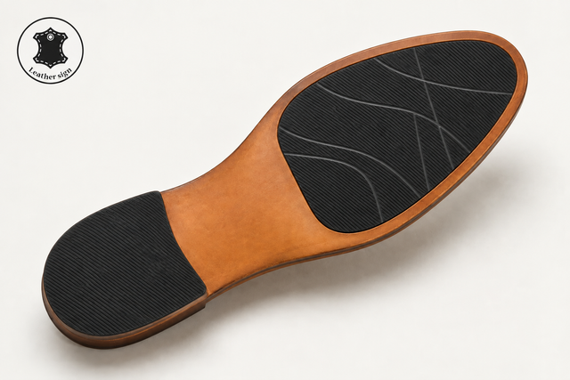 Leather sole concept with fine ribbed rubber forefoot and heel inserts